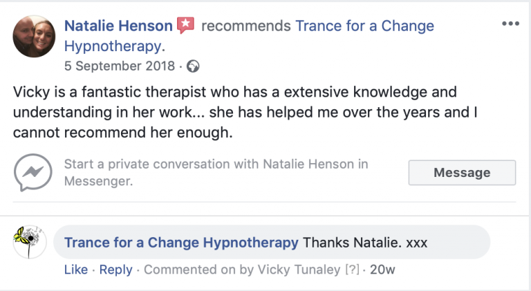 Testimonial hypnotherapy Hinckley