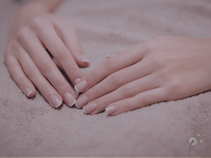 Hands resting calmly in a peaceful pose.